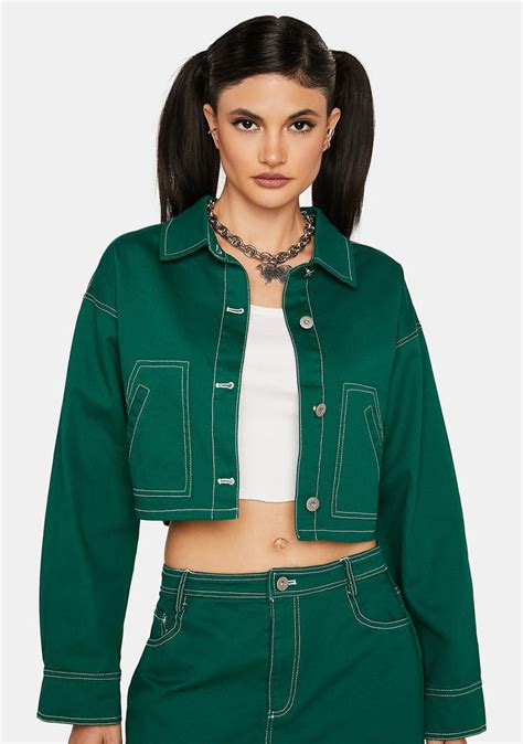 Contrast Stitch Cropped Denim Jacket Green Dolls Kill