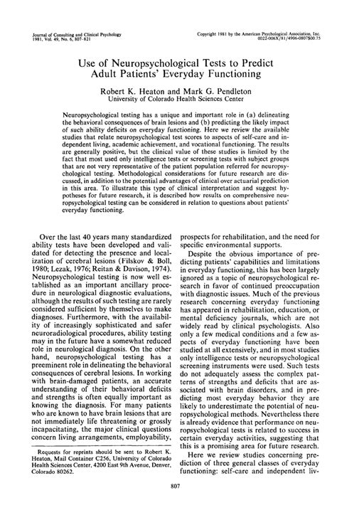 Use Of Neuropsychological Tests To Predict Adult Patients Everyday Functioning