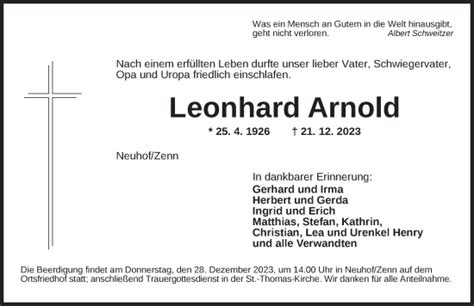 Traueranzeigen Von Leonhard Arnold Trauer Flz De