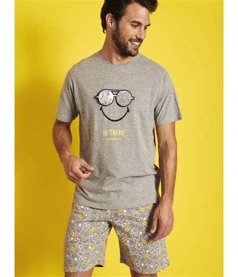 Pijama Verano Hombre Smiley Holographic Manga Corta Gris Algodón