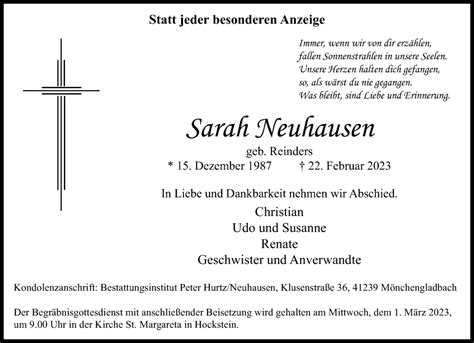 Traueranzeigen Von Sarah Neuhausen Trauer Und Gedenken