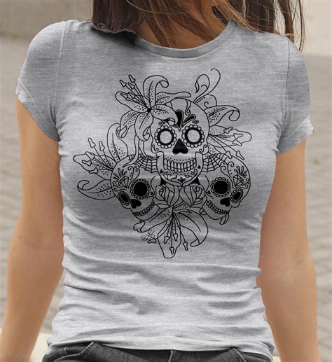 Sugar Skull T Shirt Day Of The Dead Skull And Lilies Tee Etsy