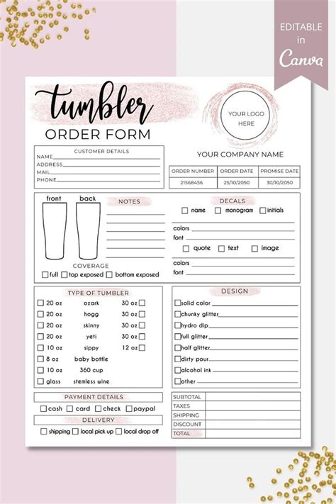 Editable Tumbler Order Form Template Custom Tumbler Form Printable