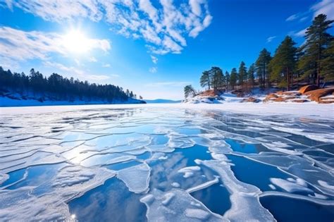 Premium Photo Beautiful Winter Landscape With Frozen Lake And Pine