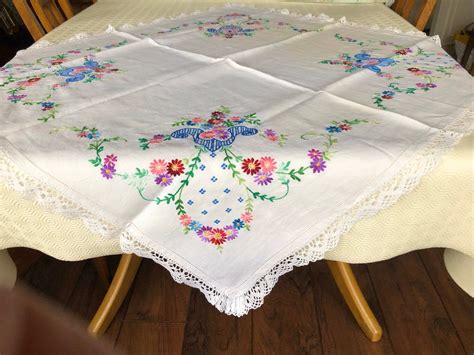 A Beautiful Vintage Hand Made Hand Embroidered Square Tablecloth With