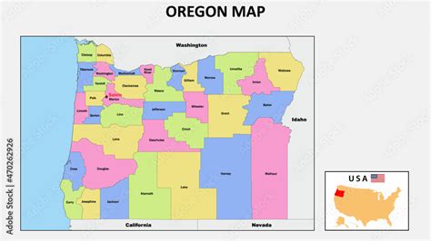 Oregon Map. State and district map of Oregon. Political map of Oregon with neighboring countries ...