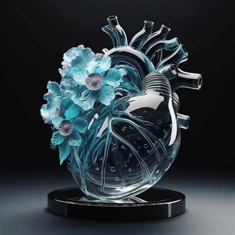 Premium Photo | A glass heart sculpture with blue flowers on it