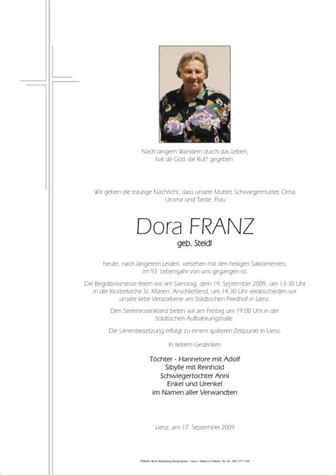 Todesanzeige Dora Franz Trauer Link