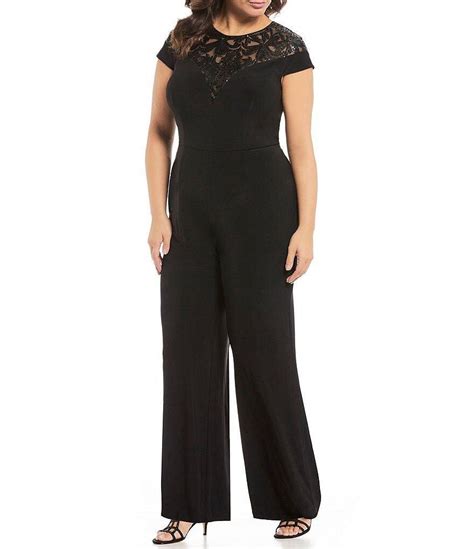 Black Adrianna Papell Ap1e204345 W Long Cap Sleeve Plus Size Pant Suit