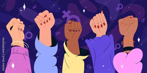 Flat Women Hands Different Nationalities With Feminism Fists Raised Up