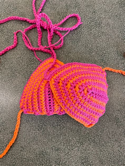 100 Cotton Orange Pink Crochet String Bikini Top Etsy