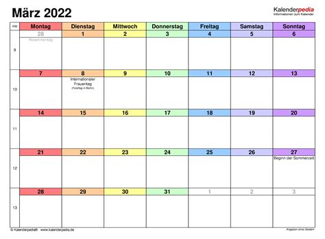 Kalender März 2022 als Word Vorlagen