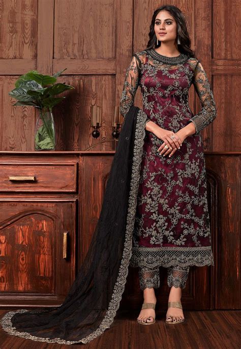 Embroidered Net Pakistani Suit In Maroon Designer Salwar Suits Party