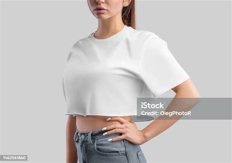 White Tshirt Template Crop Top On A Girl In Jeans Isolated On