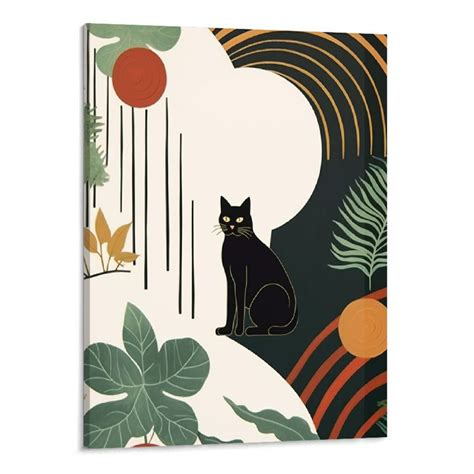 Chilfamy Mid Century Minimalist Canvas Wall Art Black Cat With