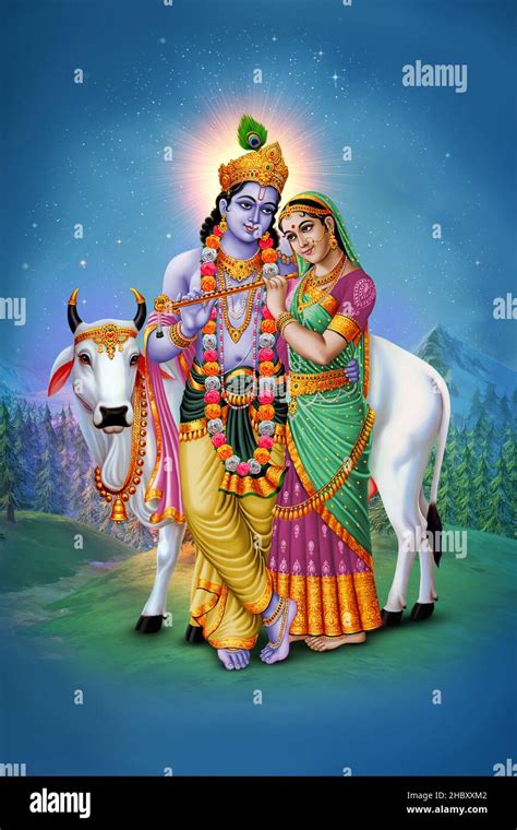 Radha Krishna with cow poster sunrise landscape background Stock Photo ...