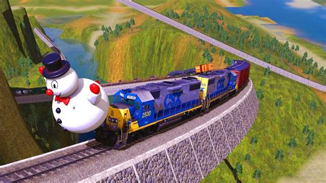 Dance Train With Snowman Cross Over Steep Cliffs In Winter Trainz