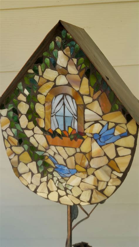 Mosaic Bird House Back View Stained Glass Bird House Mosaic Birds Bird