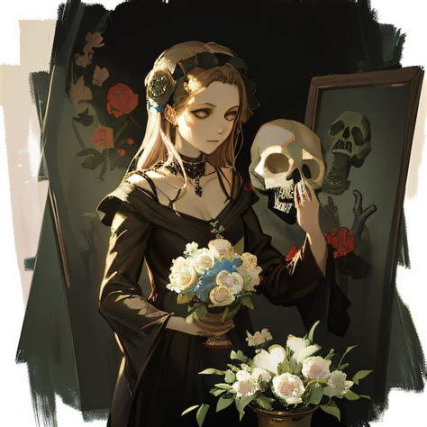 Premium Ai Image A Woman Holding A Skull And A Bouquet Of Flowers