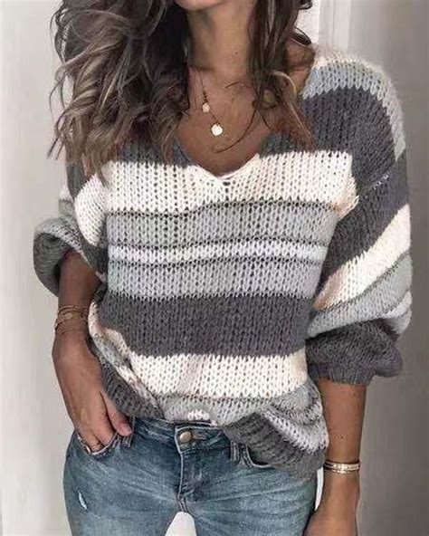 Multicolor Striped Knit Sweater5 Colors Loose Knit Sweaters Casual