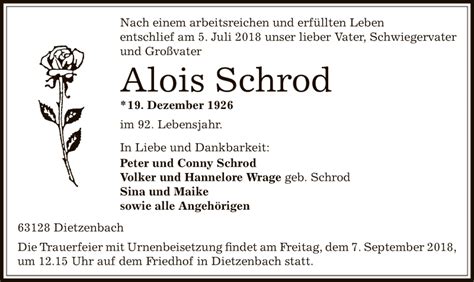 Traueranzeigen Von Alois Schrod Trauer Op Online De