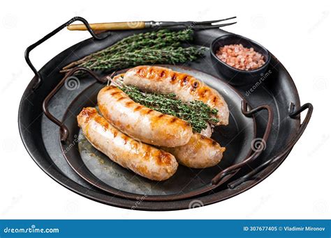 Bbq Fried Bratwurst And Chorizo Sausages With Herbs On A Steel Serving