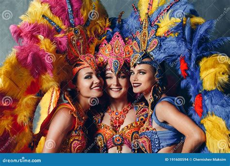 Three Women Smiling Portrait In Brazilian Samba Carnival Costume With