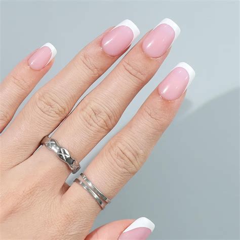 Pcs Short Square Nude Pink Press On Nails French Tip Gel Nail Fake