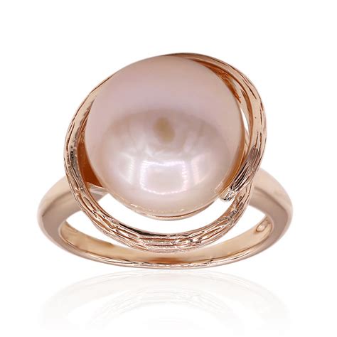 Chinese Ming Pearl Rose Gold Plated Silver Ring 12mm