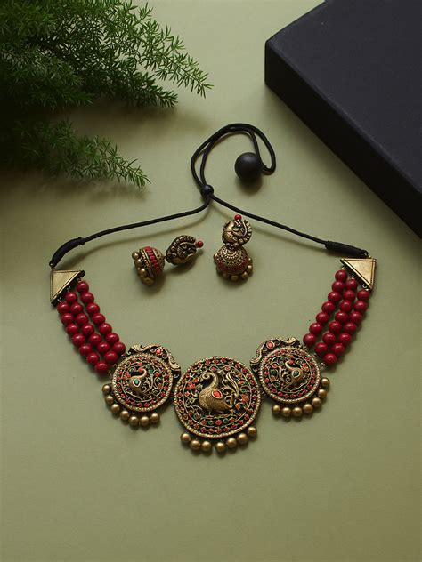 Peacock Design Hand Painted Finish Terracotta Jewellery Set