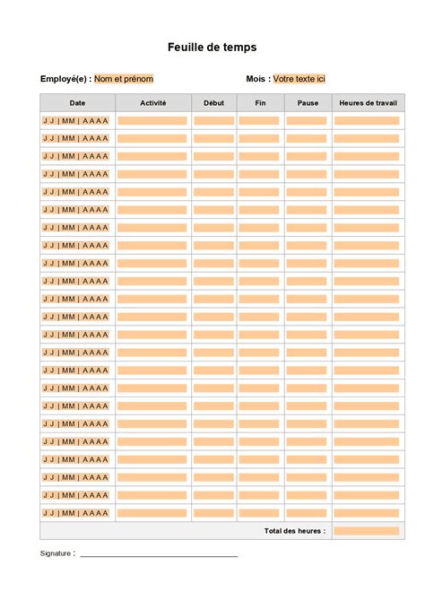 28 Feuilles De Travail Gratuites Pour La Gestion Du Temps Tableau