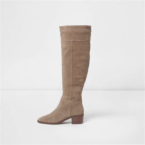 River Island Beige Suede Studded Knee High Suede Boots In Natural Lyst Uk