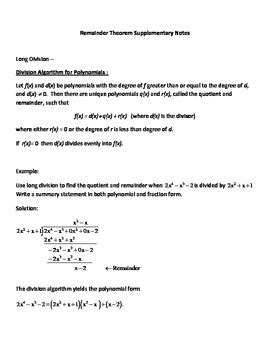 Dividing Polynomials, Synthetic Division, Remainder Theorem by Tammy ...