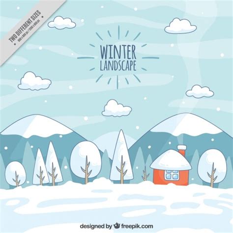 Free Vector Winter Landscape Background With Hand Drawn Red House