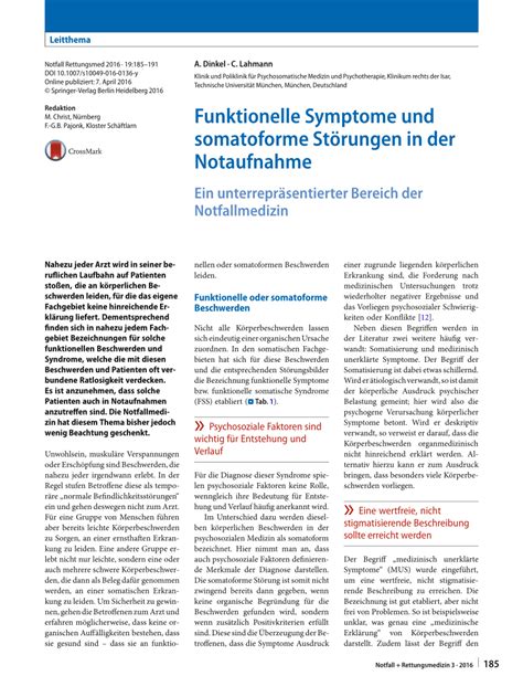 Pdf Funktionelle Symptome Und Somatoforme St Rungen In Der Notaufnahme