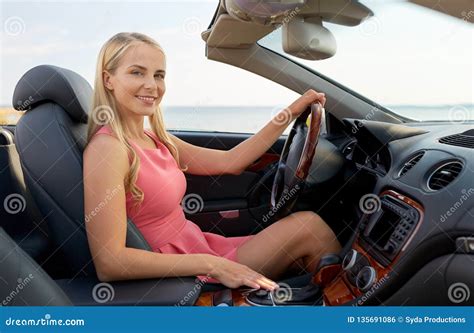 Happy Young Woman Driving Convertible Car Stock Photo - Image of drive ...