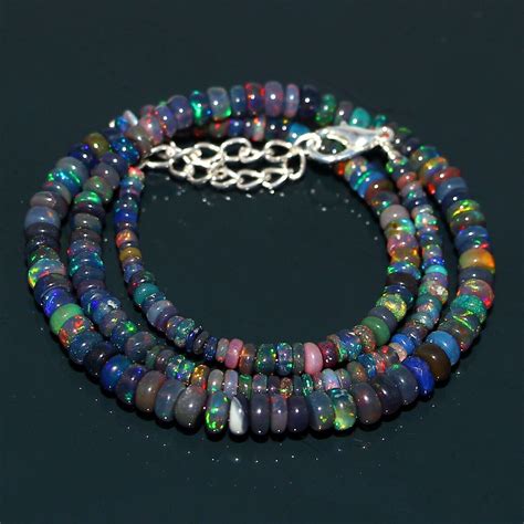 Natural Ethiopia Black Opal Gemstone Beads Necklace Sterling