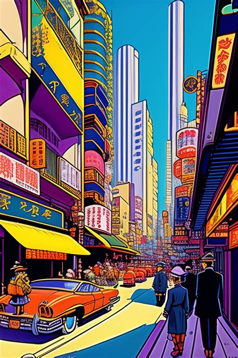 Lexica Maximalist chaotic stunning japan city illustrated by Hergé