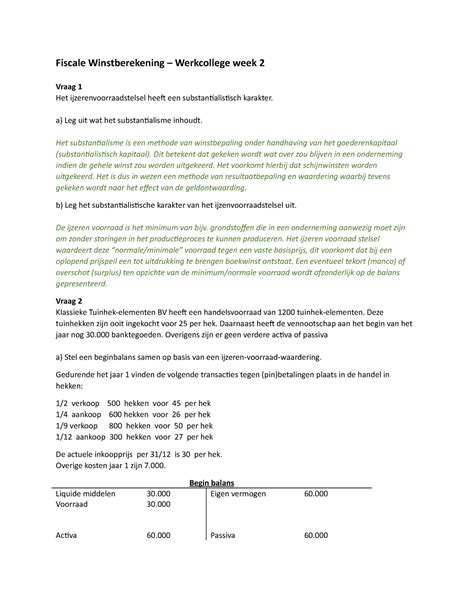 Opgaven WC 2 Antwoorden Fiscale Winstberekening Werkcollege Week