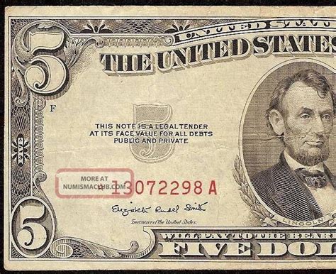 1953 B 5 Dollar Bill Red Star Currency United States Legal Tender Note