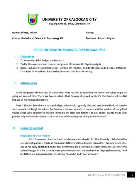 Analyzing Erich Fromm's Humanistic Psychoanalysis and Concepts of ...