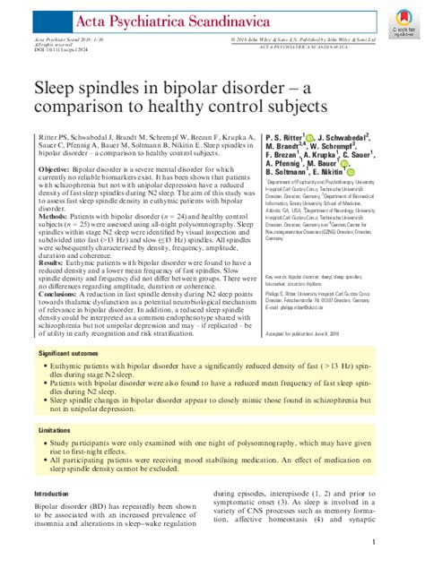 Pdf Sleep Spindles In Bipolar Disorder A Comparison To Healthy