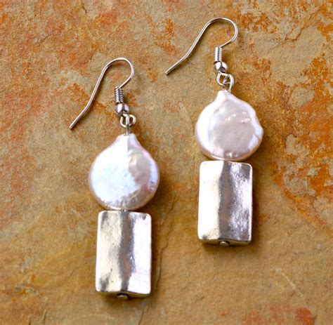 Silver Rectangle With White Coin Pearl Earring Eventeny