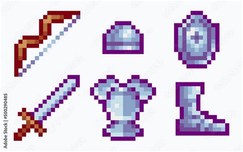 Steel Armor And Weapons Pixel Art Set Medieval Combat Ammunition Collection 8 Bit Sprite Game