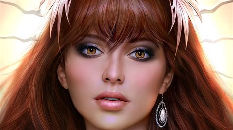 Wallpaper Face Leaves Digital Art Women Redhead Model Portrait