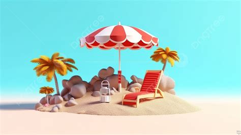 Cartoon Sand Island With Lounge Chair And Umbrella A 3d Rendered Summer Beach Getaway Background