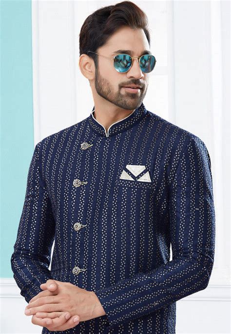 Buy Embroidered Art Silk Asymmetric Sherwani In Navy Blue Online