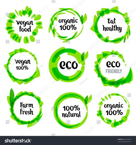 Set Green Labels Badges Leaves Organic Stock Vector Royalty Free