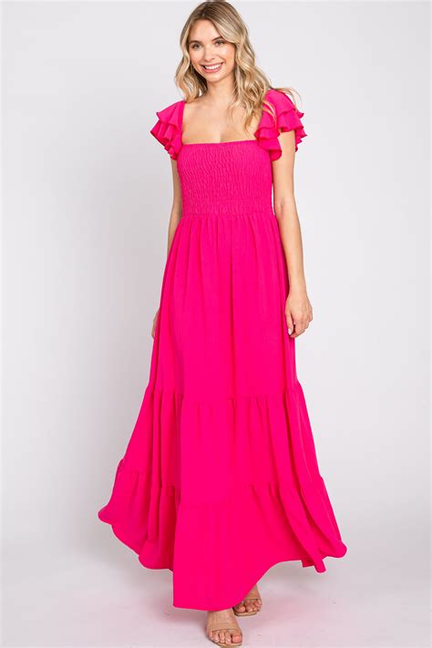 Fuchsia Smocked Ruffle Off Shoulder Tiered Maternity Maxi Dress Pinkblush