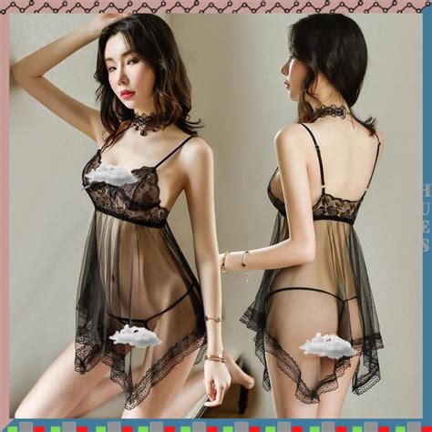 Jual Hues Id Set Lingerie Wanita Bahan Lace Tipis Kerah Deep V Neck